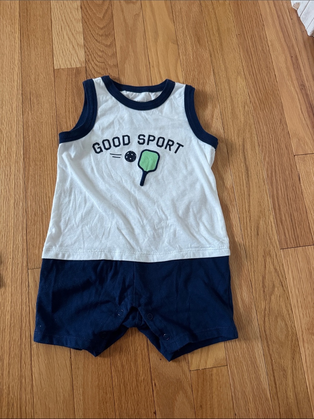First Impressions Navy & White Romper with Green Paddle Graphic